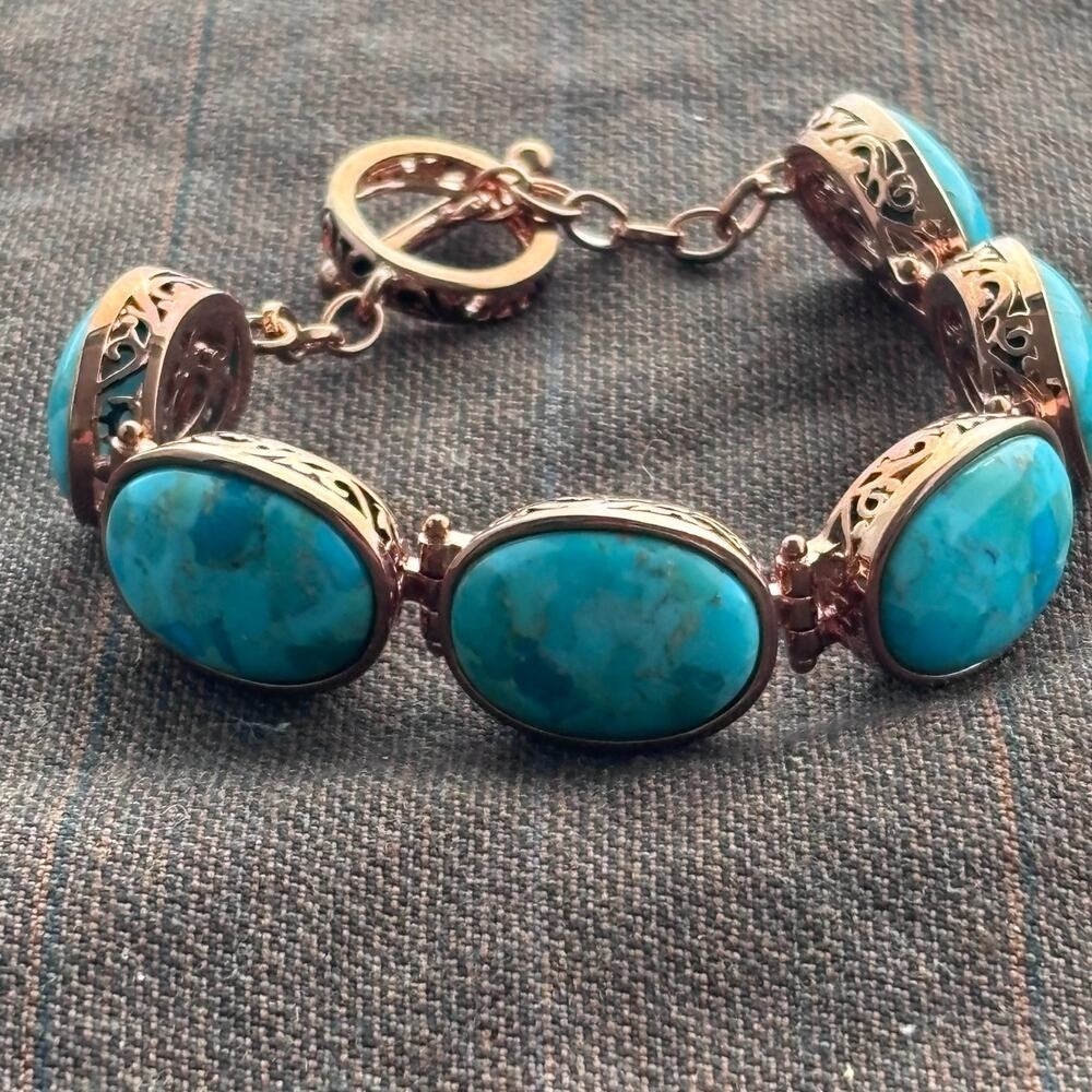 JTV Timna 20x14mm Composite Turquoise Copper Statement Bracelet 8" Rose Tone